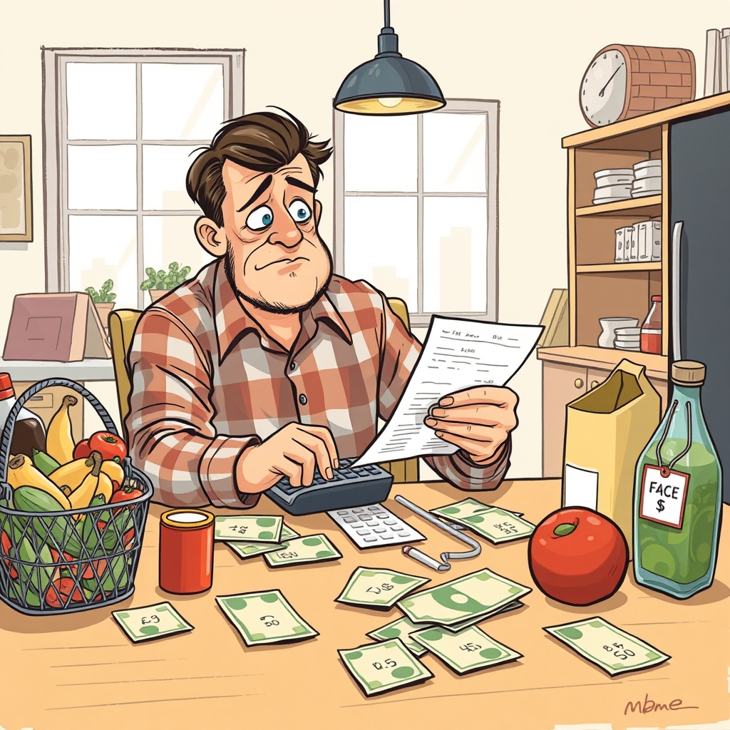 A worried American worker holding a calculator and a paycheck, surrounded by rising prices on grocery items and bills, symbolizing the struggle with inflation.