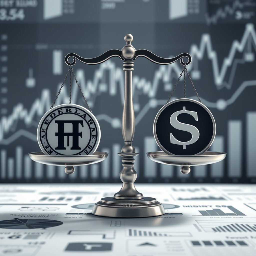 An illustration depicting a balance scale with the Federal Reserve symbol on one side and the US Treasury symbol on the other, representing the balance of monetary policy and fiscal support. The background features abstract financial graphs and charts.