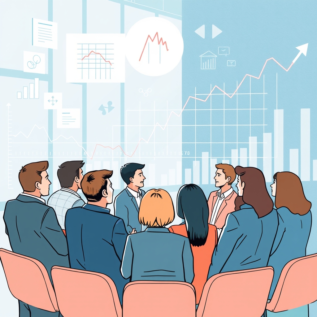 A diverse group of people engaged in a discussion, representing various demographics, with a backdrop of financial graphs and charts symbolizing consumer expectations and economic trends.