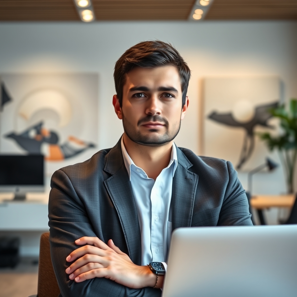 A thoughtful portrait of Elon Musk, with a contemplative expression, sitting in a modern office environment. The background features abstract art and a sleek desk with a laptop, symbolizing innovation and technology.