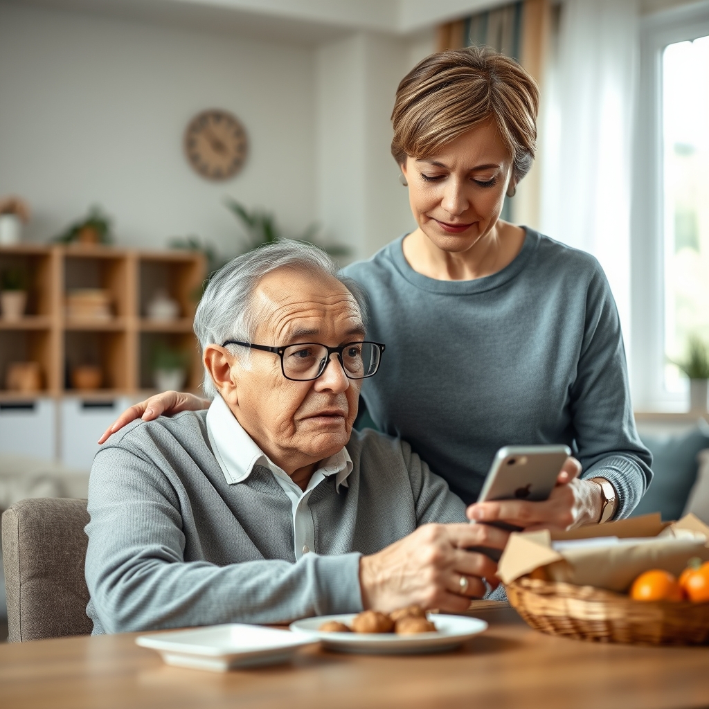 An elderly man sitting at a table with a thoughtful expression, while a caregiver stands nearby holding a smartphone, indicating a food delivery app. The setting is a cozy living room with warm lighting.